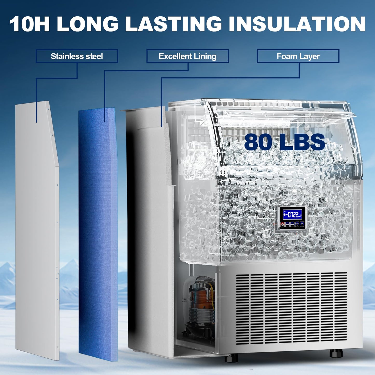 Commercial Ice Maker Machine 410Lbs/24H Freestanding Stainless Steel Under Counter Ice Maker with 80lbs Ice Storage Capacity Scoop Water Filter Pipes for Restaurant Offices Bars Home