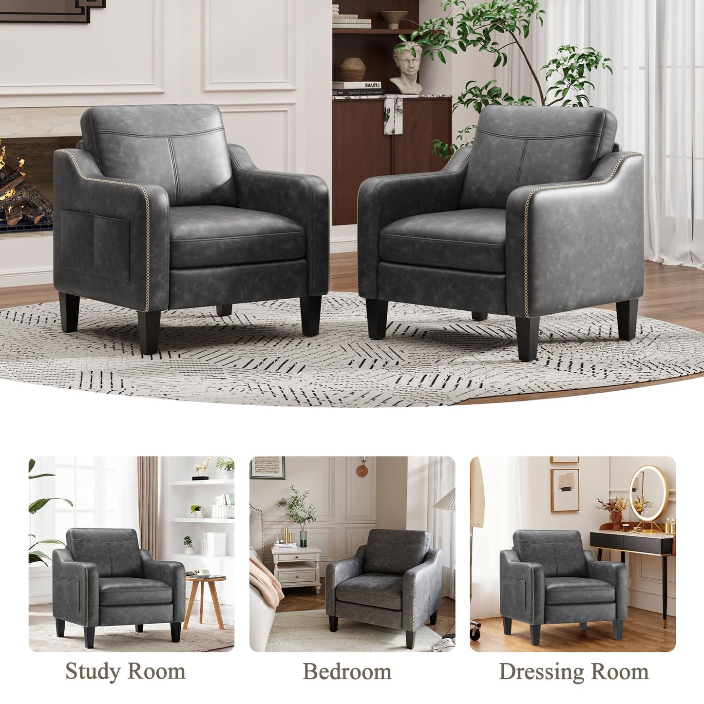 MALOL PU Leather Accent Chair Set of 2, Mid-Century Modern Living Room Armchair Sofa with Removable Cushions, Solid Wood Frame & Stitched Armrest Design, Bedroom Chair with Plastic Legs, Black