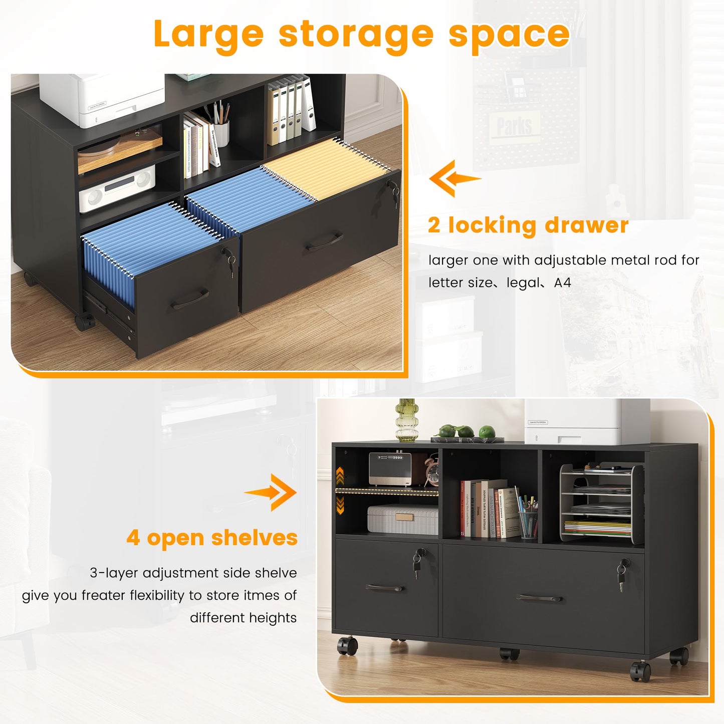 kepptory 2 Drawer Wood Mobile Large Lateral File Cabinet, Lockable Rolling Filing Cabinet with Storage Shelves, Printer Stand Office Storage Cabinet for Home Office Fits Files Legal/A4, Black