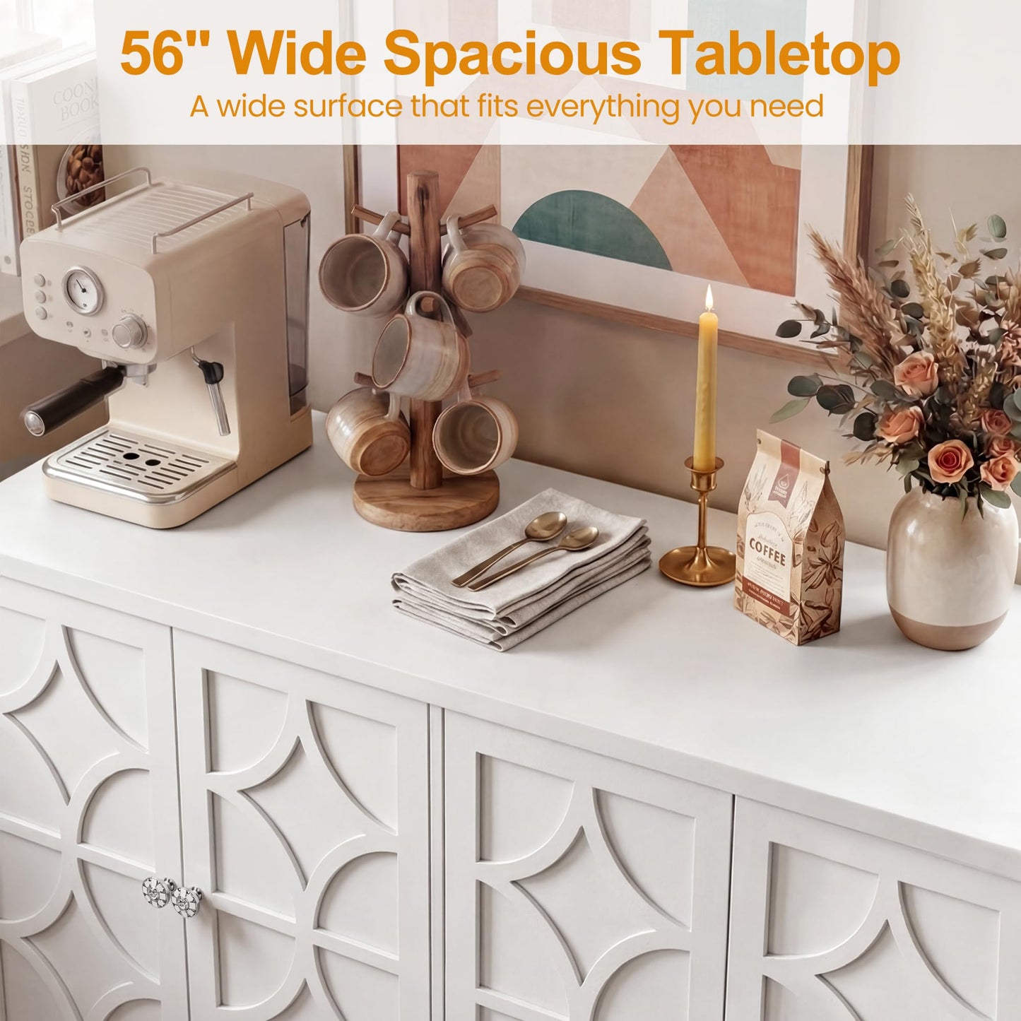 RoyalCraft Sideboard Buffet Cabinet with Storage, 56" Modern Sideboard with 4 Carved Doors, Large Wood Coffee Bar Console Table for Kitchen, Dining Room, Entryway, Living Room, Satin White