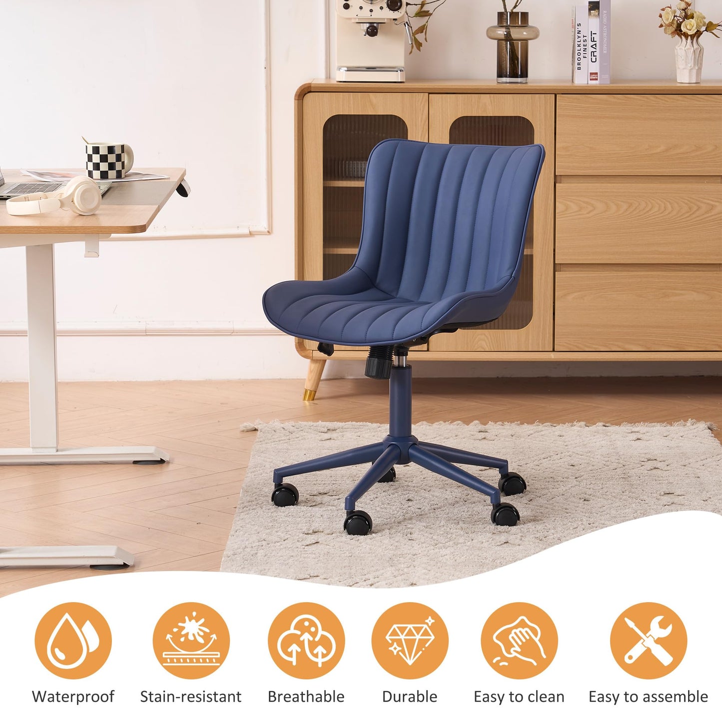 YOUNIKE Office Desk Chair with Wheels Armless Vanity Chair with Back Comfy Leather Upholstered Rolling Task Chair Swivel Small Cute Sewing Chair No Arms Wide Ergonomic Mid-Century Modern Navy Blue