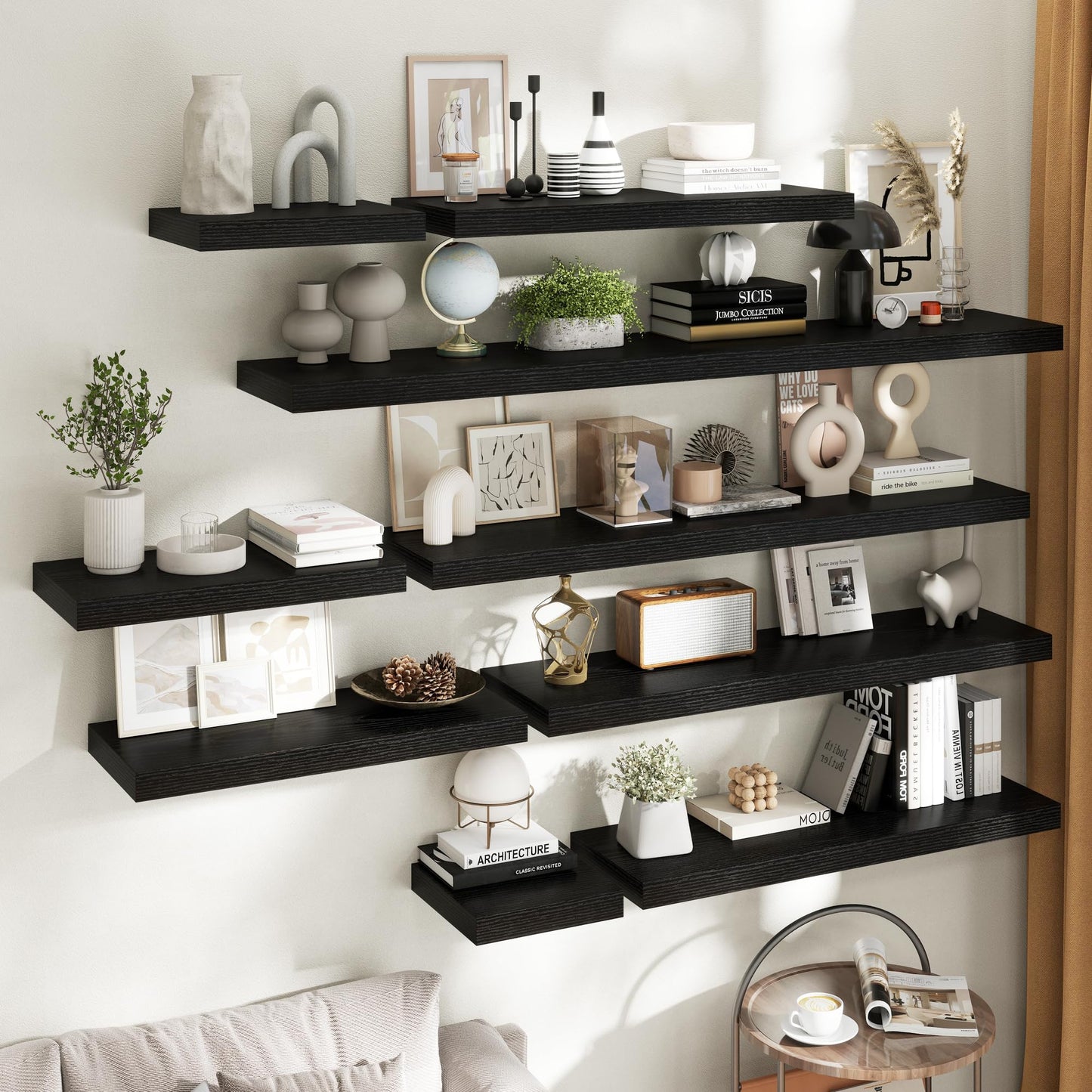 72 Inch Long Floating Shelves for Wall Set of 2, 12"D Wood Grain Bathroom Shelves with Invisible Brackets, Easy Install Engineered Wood Storage Shelves for Kitchen, Living Room, Bedroom, Black Finish
