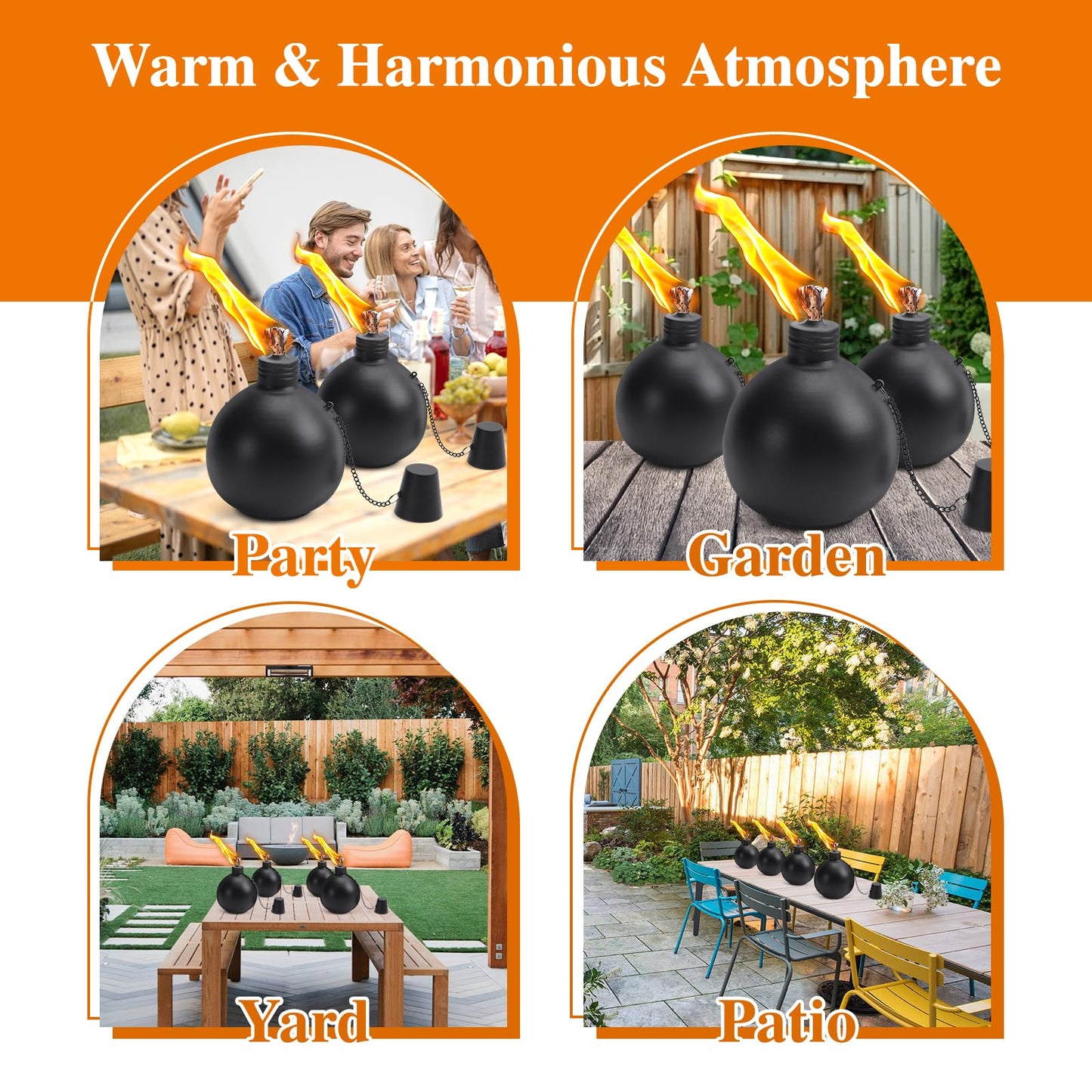 MQKIWAO Citronella Tabletop Torches, 25 oz Metal Oil Burner Candles, Black, 4 Pack, Model ZMZT-4P