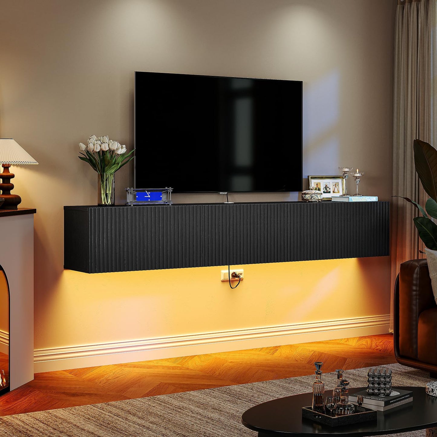 FloatiCasa Floating TV Stand with 3 Doors,55IN Wall Mounted TV Cabinet,Slatted Floating Media Console Entertainment Center with Storage,Under TV Shelf for Bedroom Living Room,Black