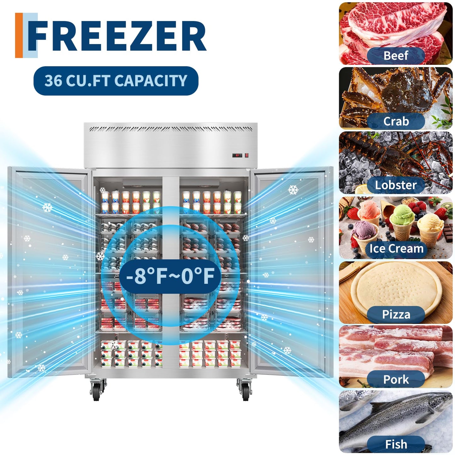 48" Commercial Upright Freezer, 36 Cu.Ft Stainless Steel - 2 Door Beverage Freezer with Auto Defrost, Fan Cooling, 6 Adjustable Shelves, Ideal for Restaurant, Bar, Shop