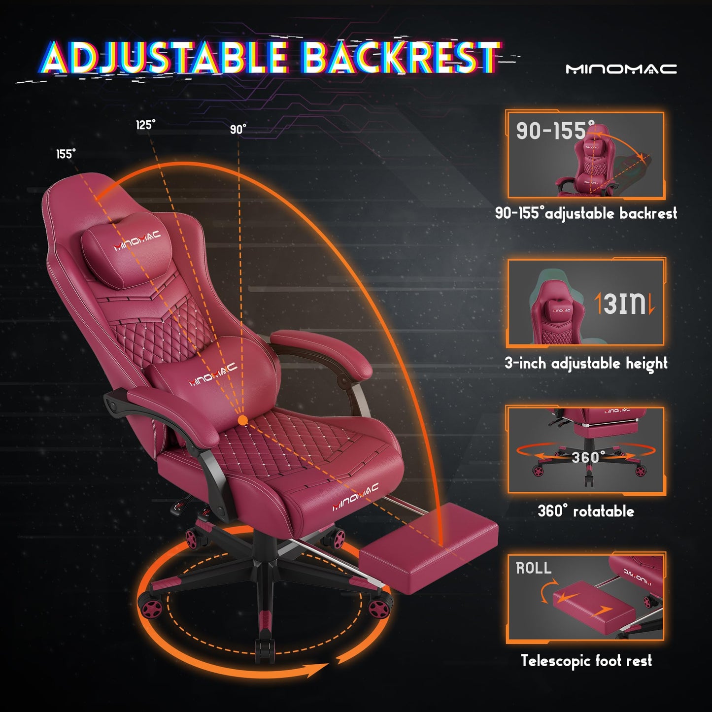 MINOMAC Gaming Chair, 400 lbs Adult Chair, High Back Computer Chair with Footrest and Linked Armrests, Office Video Game Chair with Lumbar Support (RED)