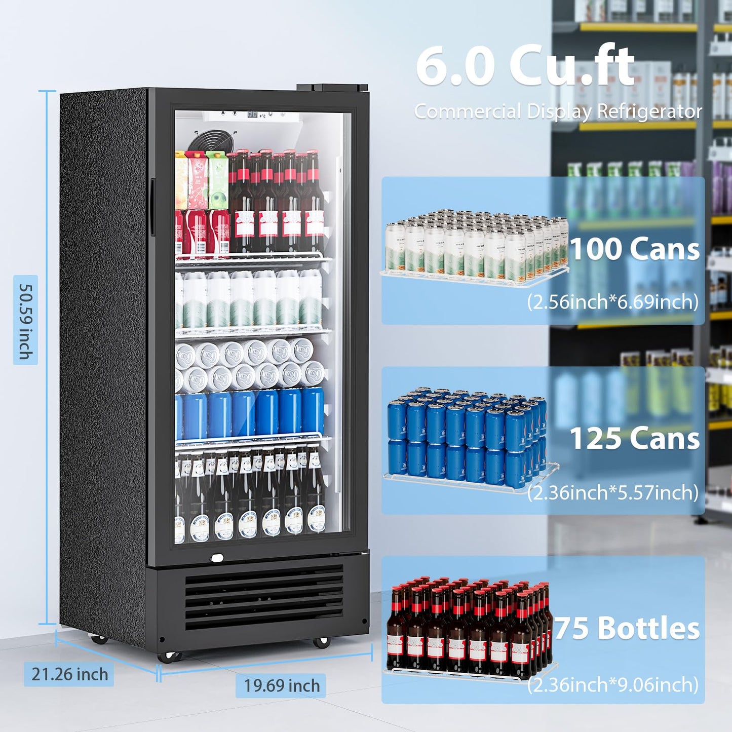 COWSAR Beverage Refrigerator Cooler, Freestanding 145 Can Beverage Refrigerator with Smart Temperature Control，6 CU FT Quiet Fridge with Lightbox for Bar, Office, Restaurant or Home, Black