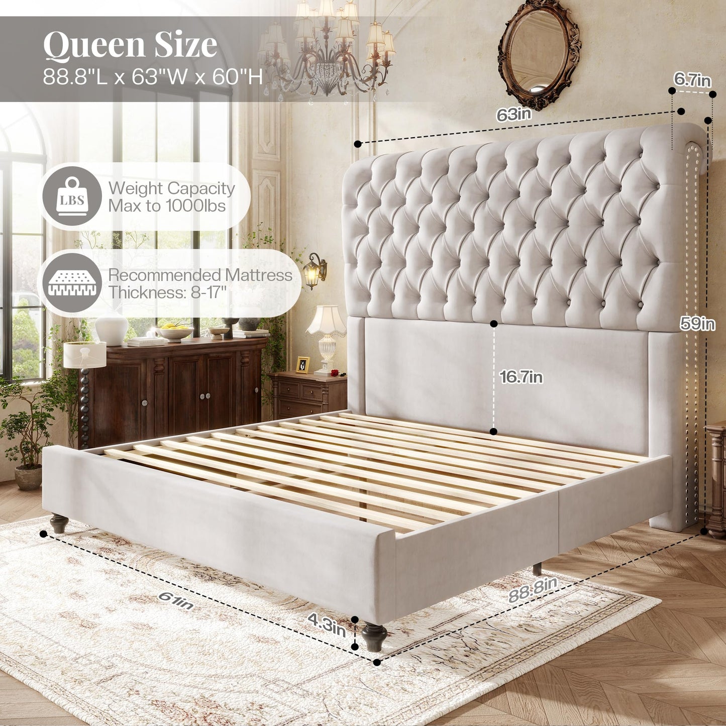 Jocisland Queen Size Bed Frame with 59" Tall Upholstered Headboard, Luxury Velvet Bed with Handcrafted Deep-Tufted Design and Solid Wood Legs, Noise-Free Platform, No Box Spring Needed, Cream