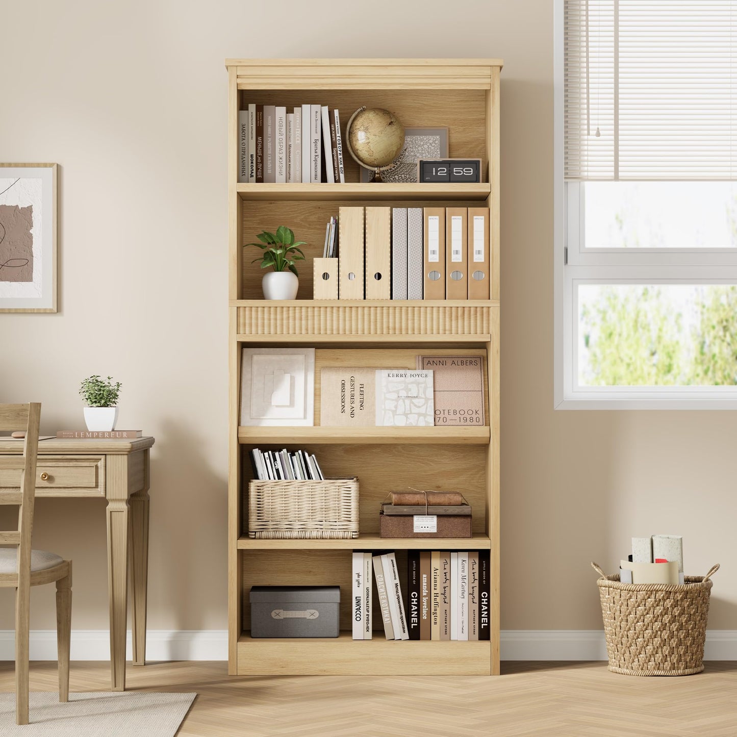 GarveeHome 71 in Farmhouse Bookcase w/Display Rack & Fluted Design, 5 Tier Tall Bookshelf with Wooden Base, Wood Bookshelf Vintage Book Shelf for Office Library (Nature, 71.5" H x 30.7" W x 11.9" D)