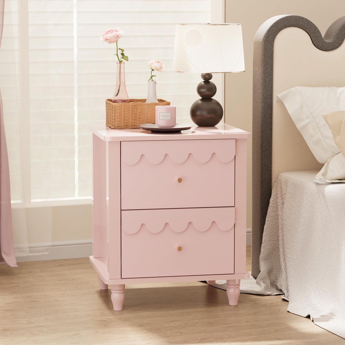 Anbuy Pink Nightstand Set of 2 with Petal Pattern, Modern Night Stand Set 2 with 2 Drawers for Bedroom, Side End Table Scalloped Bedside Night Tables with Solid Wood Legs