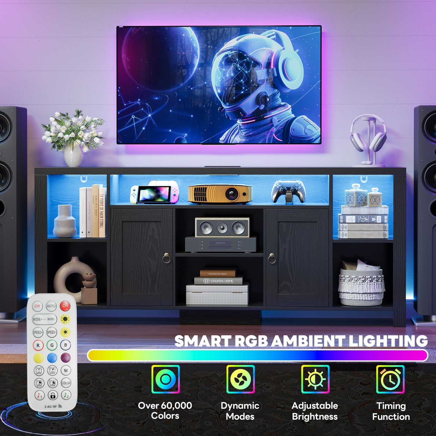 LIKIMIO TV Stand for TVs 80 inch with LED Lights & Power Outlet, Entertainment Center with Cabinets, Adjustable Shelves and Open Shelves, Modern Media TV Console Living Room, Black