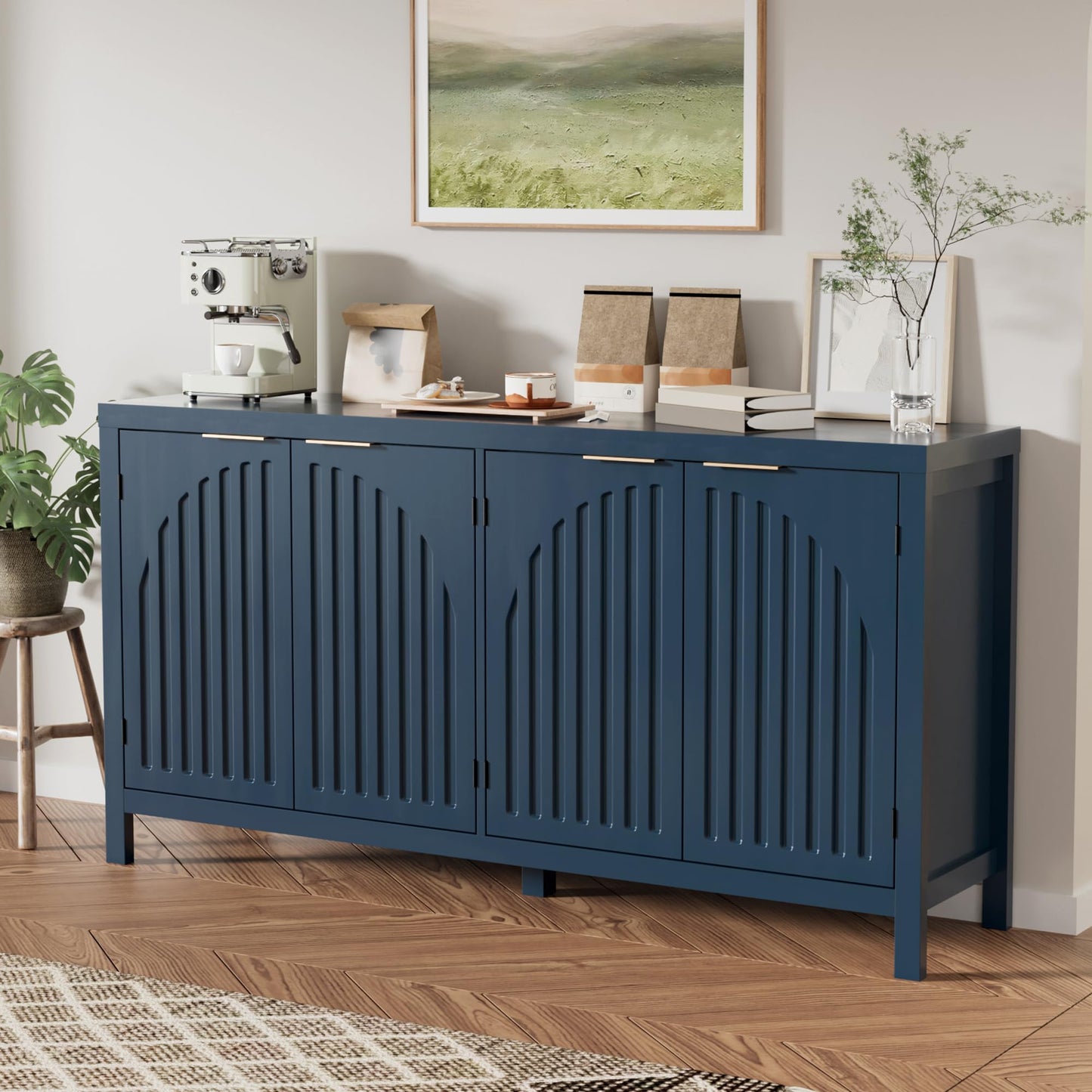 Fluted Sideboard Buffet Cabinet with Storage, 58" Mid Century Modern Accent Cabinet with Arch Doors, Large Wood Media TV Console Table Credenza for Dining Room, Kitchen, Living Room Entryway, Blue