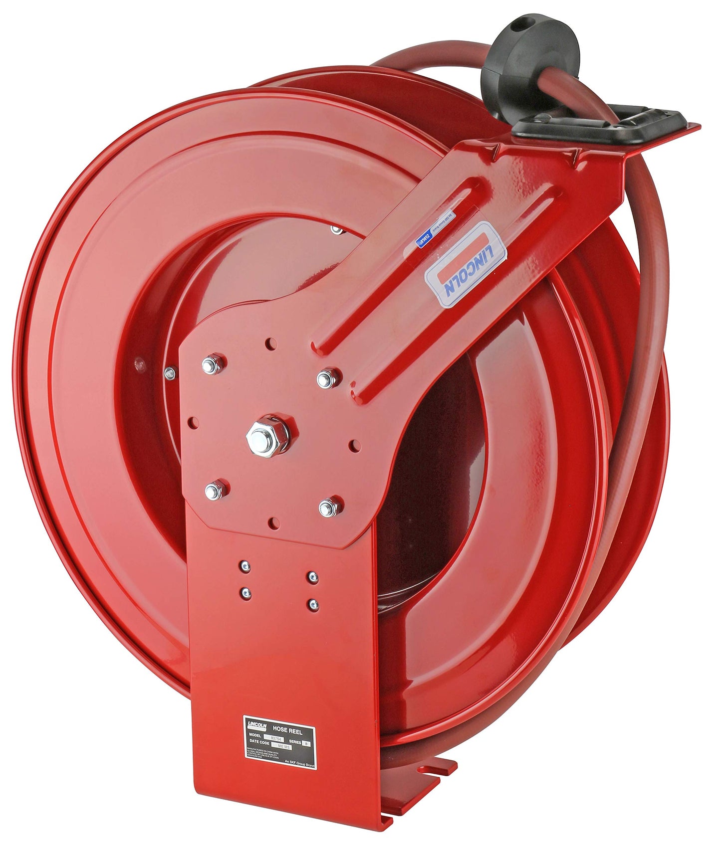 Lincoln 83753 Value Series Air/Water Retractable Hose Reel with 50' x 3/8" Rubber Air Hose, 1/4" NPT, 300 PSI, Slotted Mounting Base, 5-Position Adjustable Outlet Arm, All-steel Construction, Red