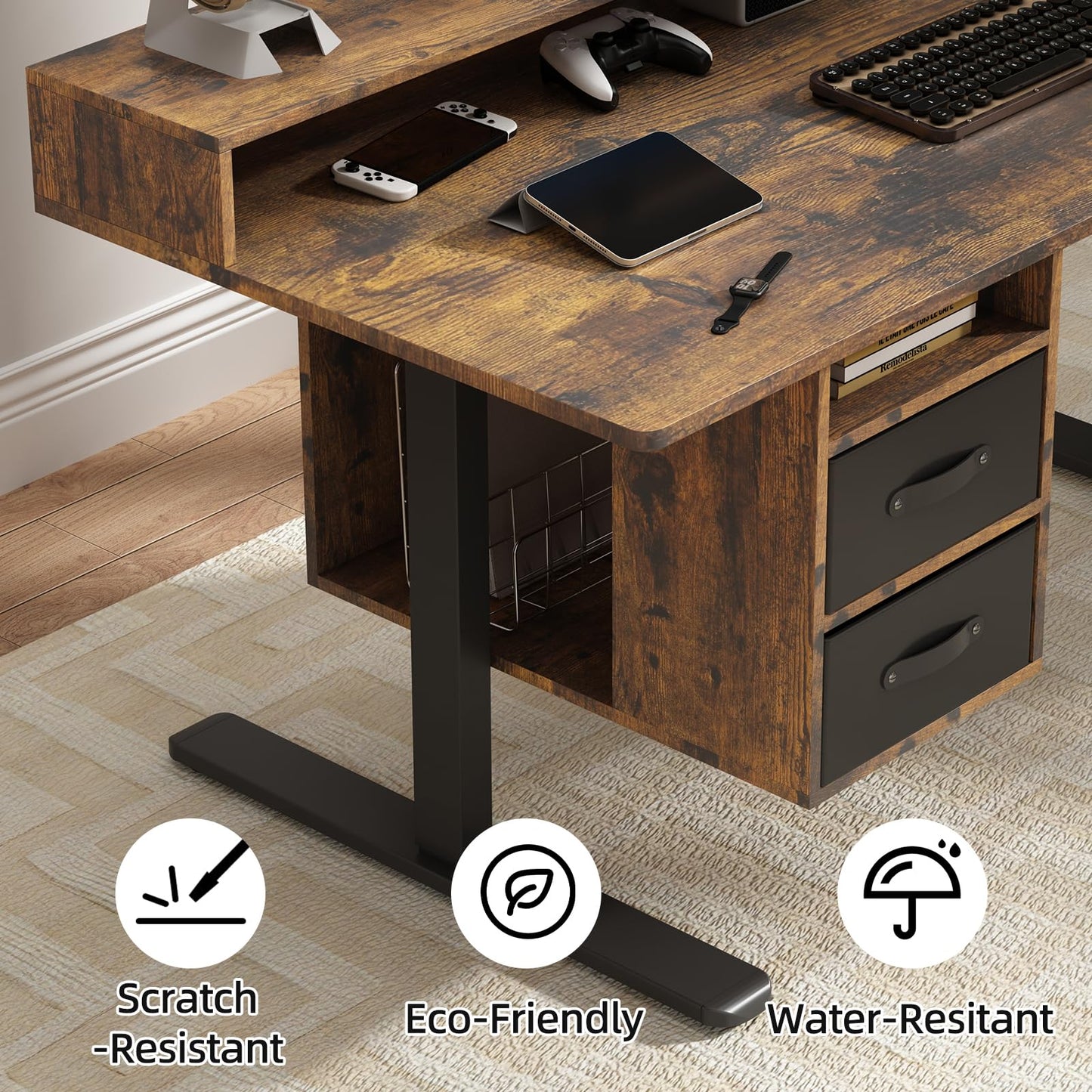 63x24 Inches Standing Desk with Drawers, Electric Computer Desk with Open Storage Shelf, Stand Up Desk, Adjustable Height 28-46 Inches for Home and Computer Workstation, Rustic Brown