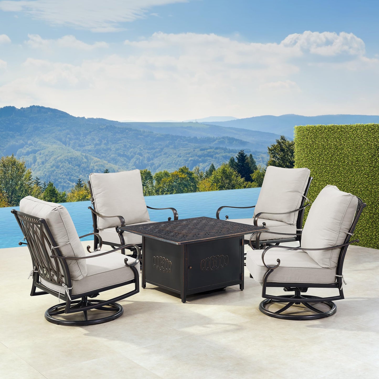 Oakland Living Black Aluminum Patio Fire Table Set with Four Club Chairs, Cushions and Wind Blocker