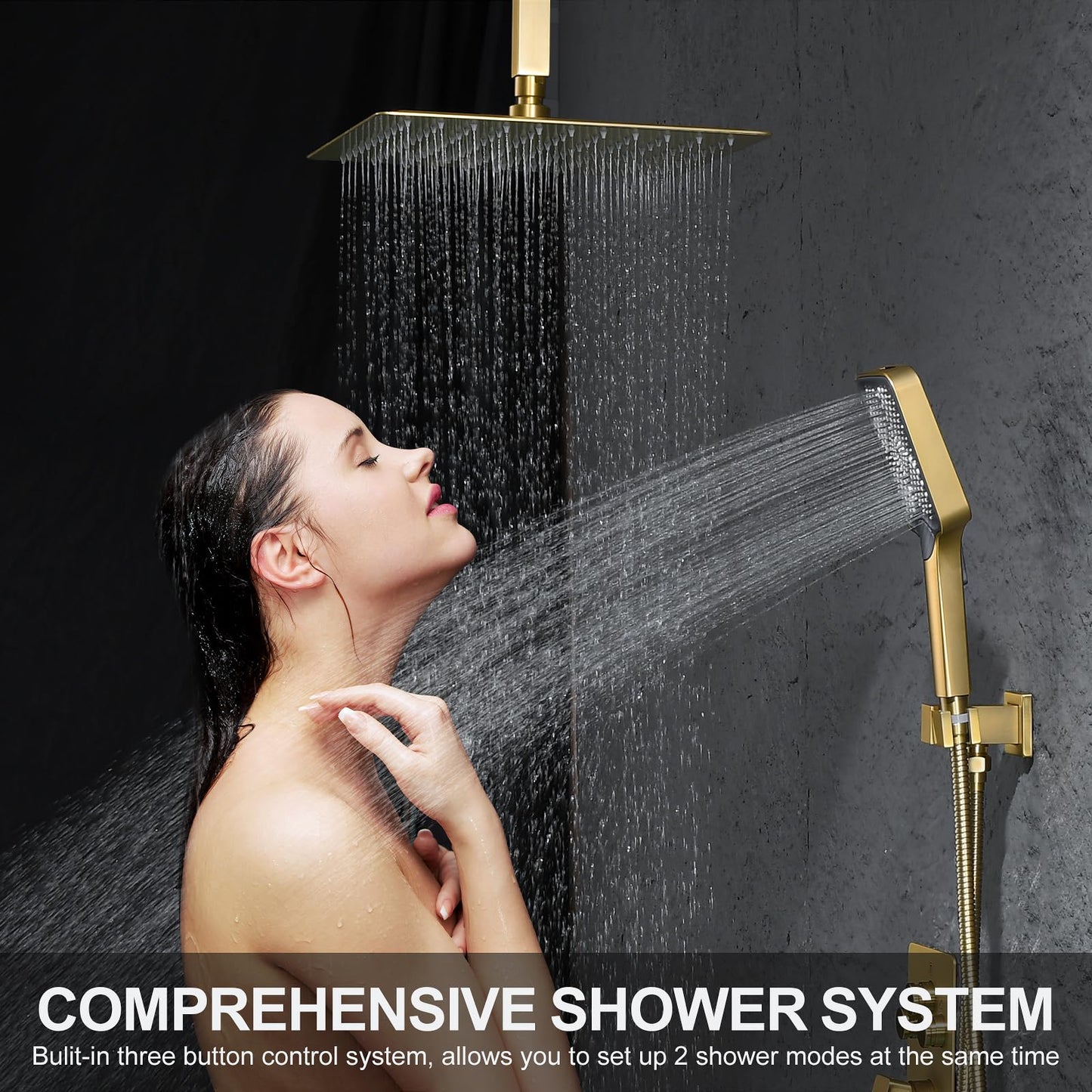 Bathtub Shower Faucet Set with Pressure Balance Valve, 12" Ceiling Mount Shower System with Tub Spout Multi-function Handheld Head Push Button Diverter Shower Trim Kit, Brushed Gold