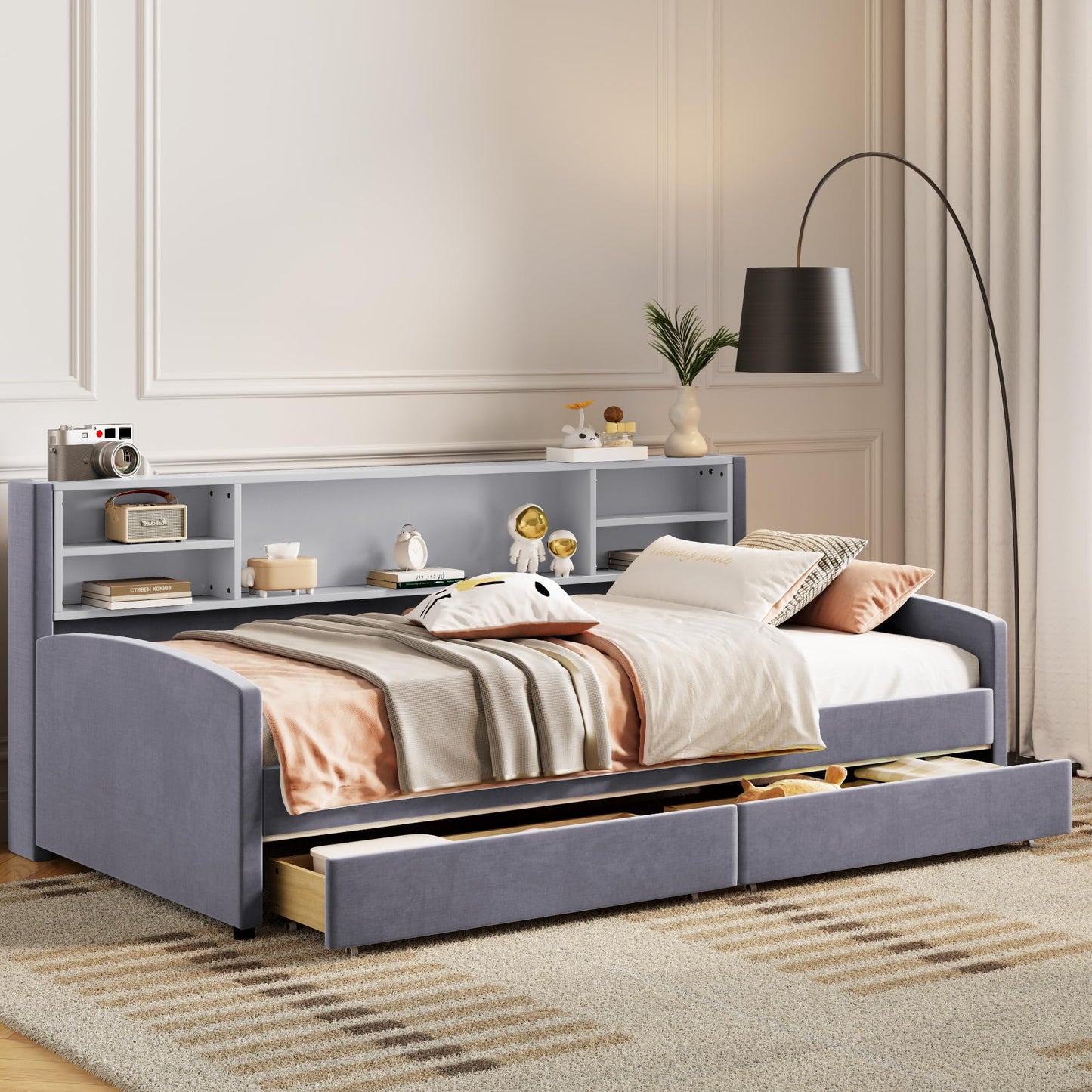 Merax Twin Size Upholstered Platform Bed with Storage and Drawers, Gray