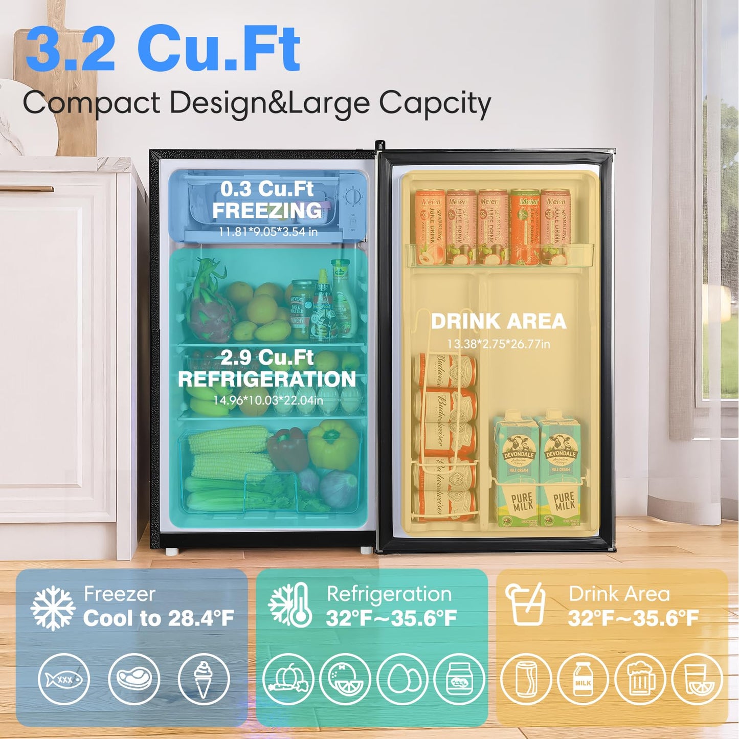OSTBA 3.2 Cu.Ft Mini Fridge with Freezer, Small Refrigerator with Adjustable Thermostat, 3 Glass Shelves, Crisper Drawer, Low Noise Compact Fridge for Bedroom, Office, Dorm, RV, Single Door, Sliver