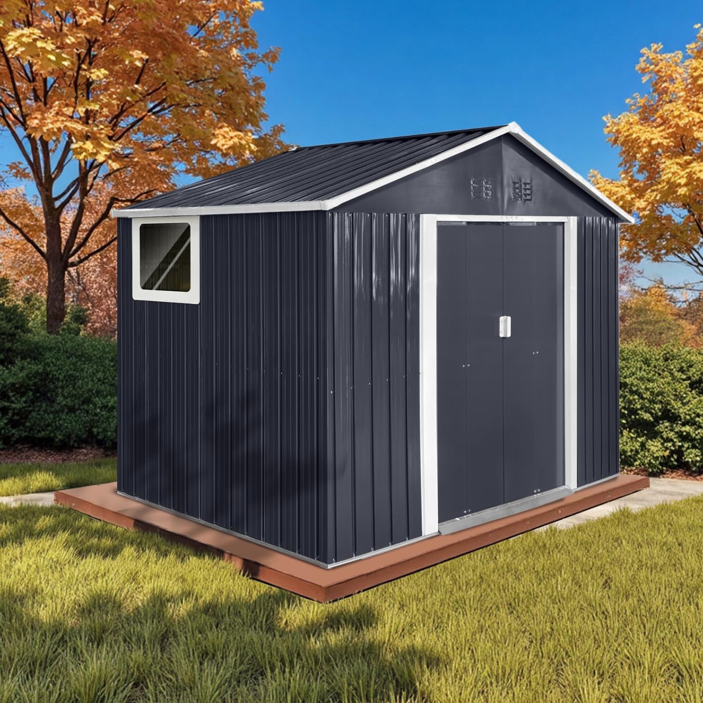9' x 6.5' Outdoor Storage Shed, Sturdy Metal Building w/Windows & Lockable Doors for Garden, Backyard, Poolside and Lawn, Anthracite