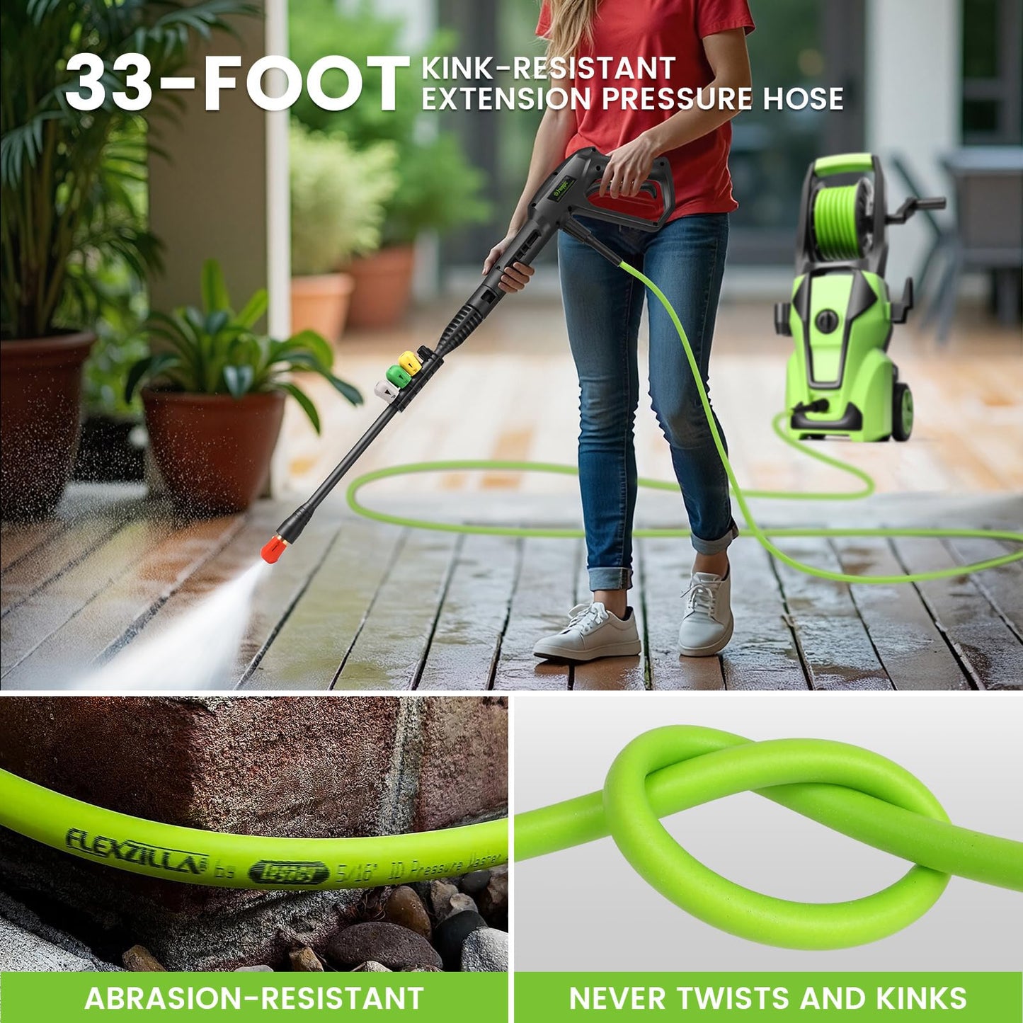 Commowner Pressure Washer 5000 PSI Adjustable Pressure, Power Cleaners Powered with 33ft Pressure Hose, 4 Nozzles and 500ml Foam Cannon, Cleaner Machine for Home, Car, Green