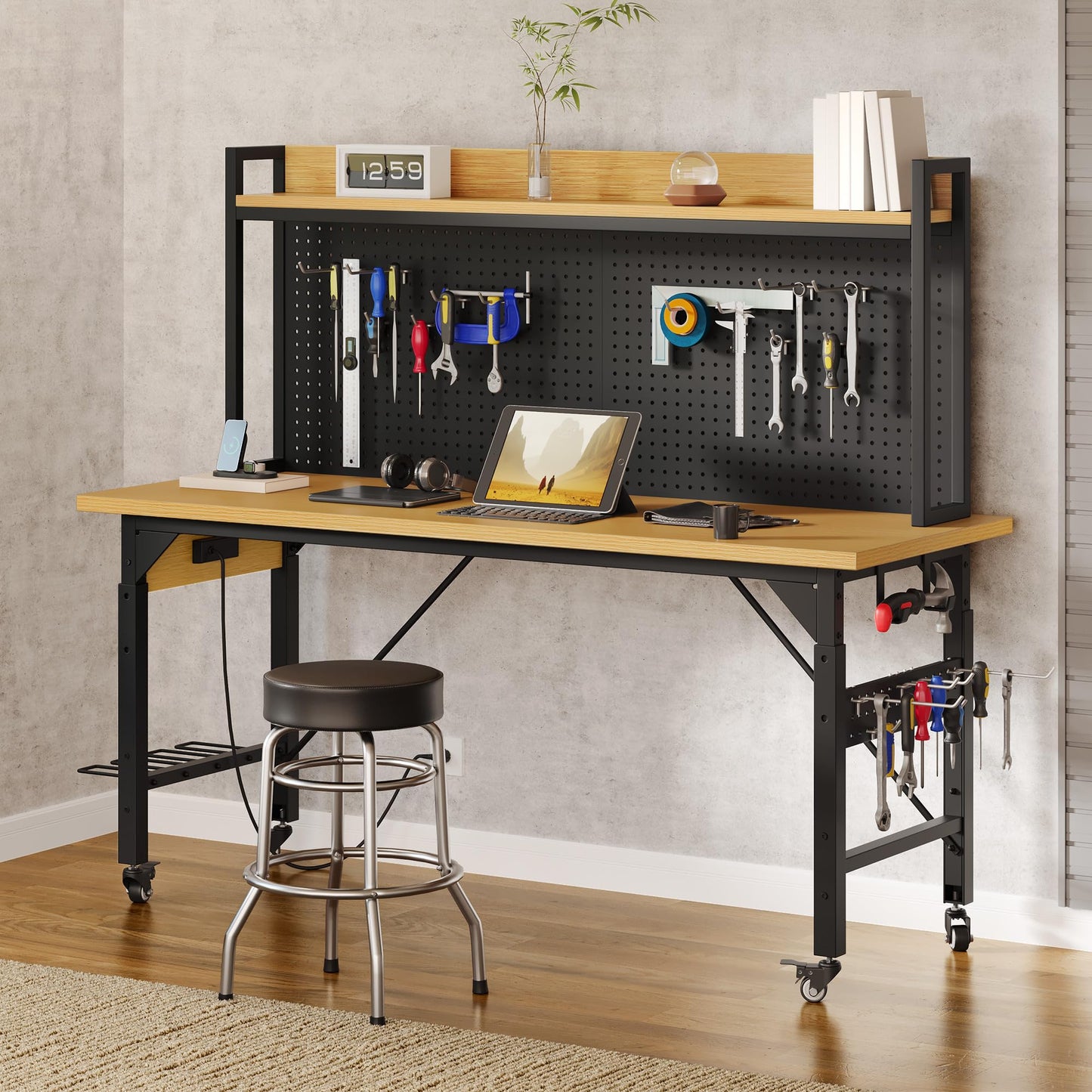 DWVO 48in Adjustable Rolling Workbench Heavy Duty with Pegboard & Wheels