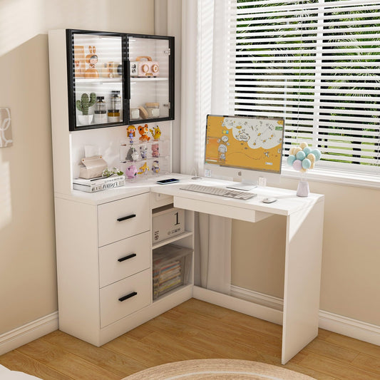 KEIKI L Shaped Home Office Desks with LED Light, Glass Storage Cabinets, USB Charging Ports, Keyboard Tray, Drawers, Modern Wooden Gaming Computer Corner Table for Work, Study, Writing