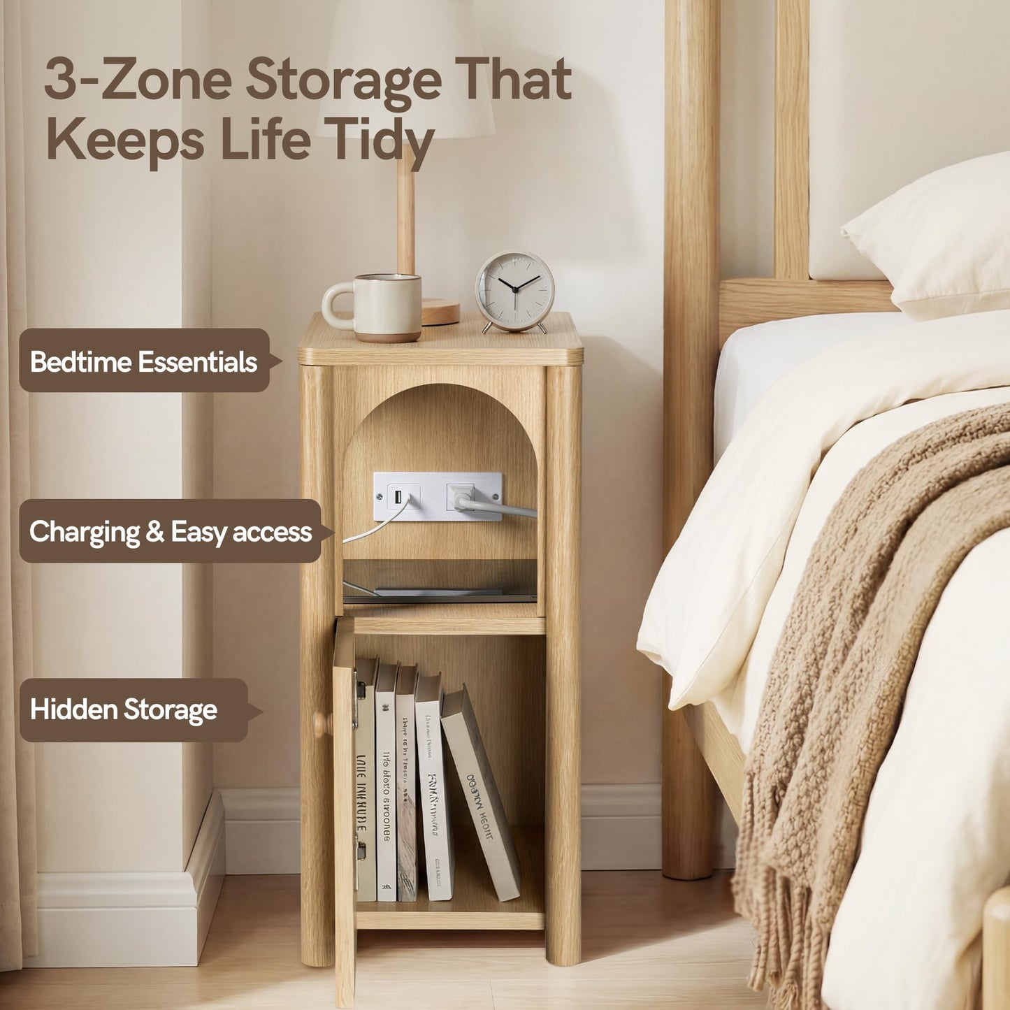 Aylenic Narrow Nightstand with Charging Station, Slim Wood Bedside Table Fluted Night Stand Thin Side Table Organiser Skinny Modern Natural Cute End Table with Door Storage for Bedroom (2, Wood)
