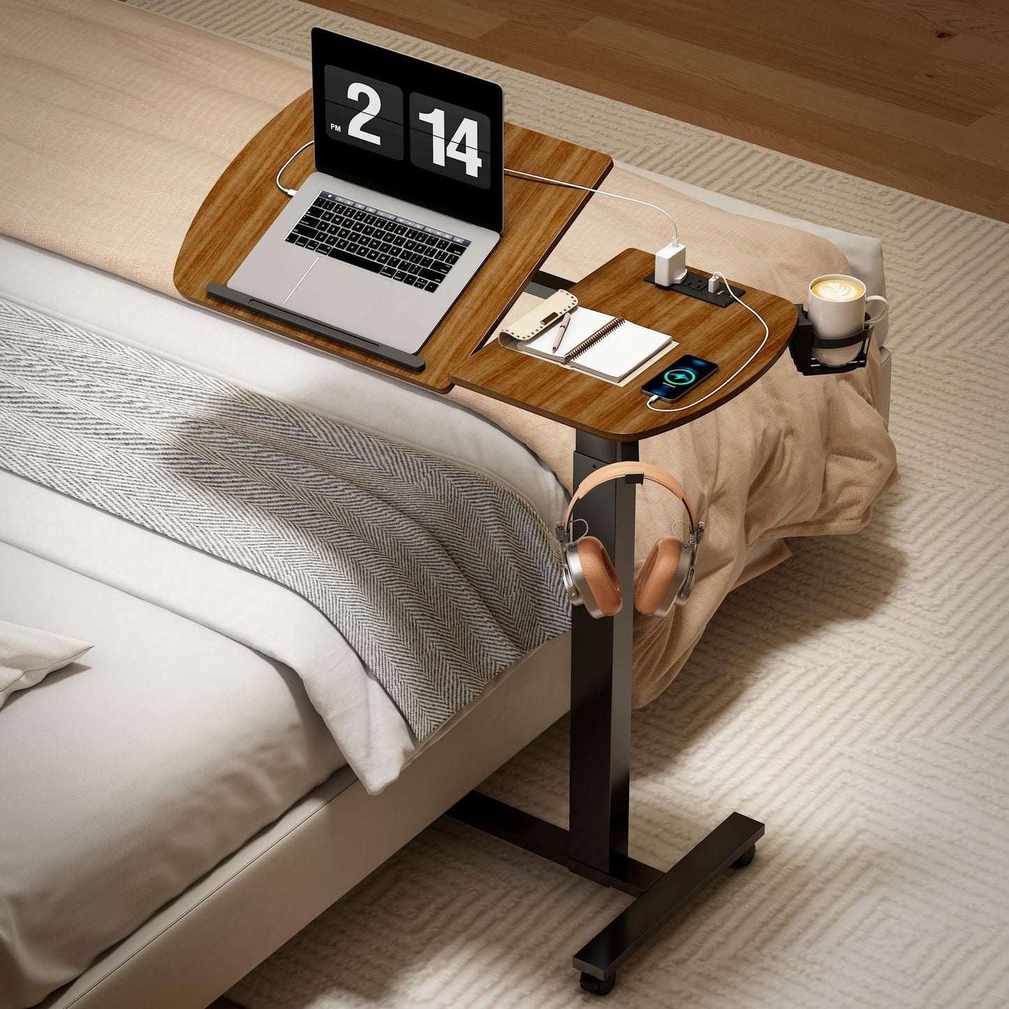6 In 1 Overbed Table, 32'' Long Hospital Bed Table, Bedside Table (Walnut)