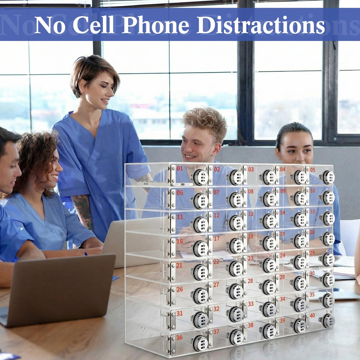 Reallnaive 40 Slots Cell Phone Locker Box with Combination Lock, Clear Acrylic Cell Phone Storage Cabinet Bin, Wall Mounted, for Classroom School Students Office Factory Employees