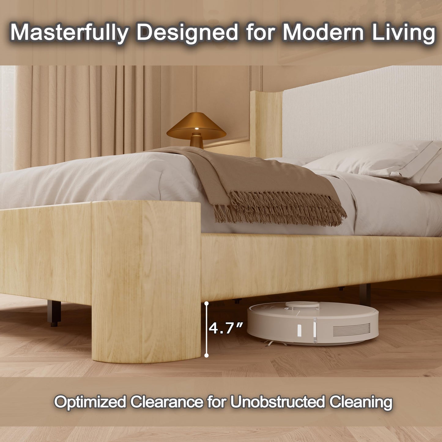 King Size Upholstered Platform Bed Frame with Wingback Headboard, Motion-Sensing LED Lights, Sturdy Slats, Mattress-Lock Footboard, PU Leather,No Box Spring Needed, Easy Assembly, Whitewashed Oak