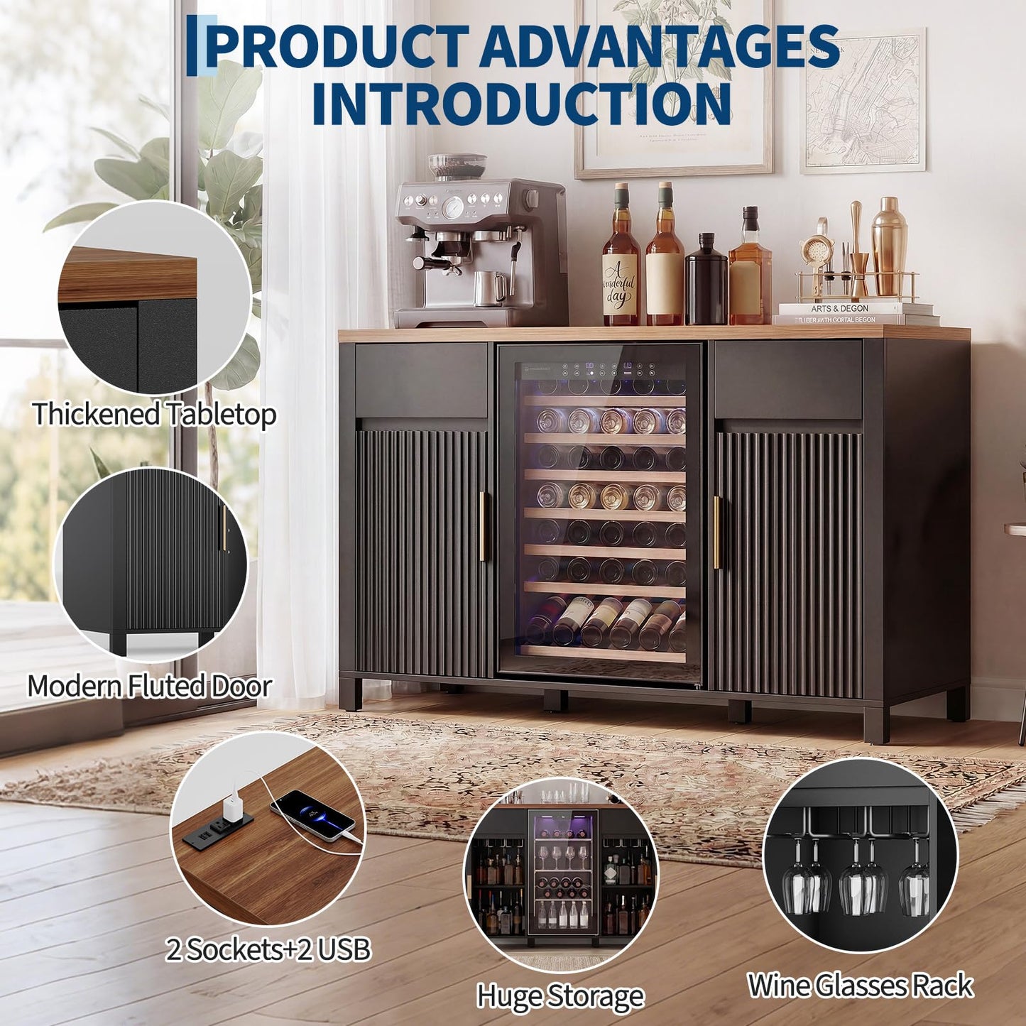 Garvee 53" Fluted Coffee Bar with Mini Fridge Space & Charging Station, Fits 19.7" Mini Fridge, Fridge Cabinet with Wine Storage, Buffet Sideboard with Wine Rack and Storage for Dining Room, Black