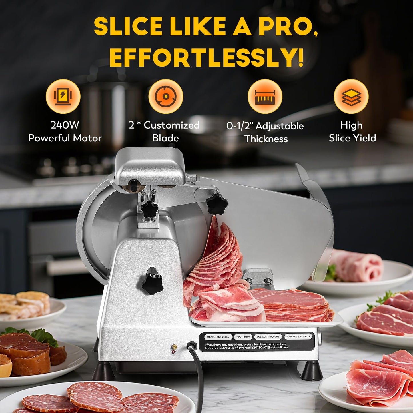 CGOLDENWALL Meat Slicer Machine with Teflon Non-stick Blade 240W Electric Meat Slicer for Frozen Meat/Deli Meat/Cheese/Food Slicer, Low Noises Commercial and Home Use