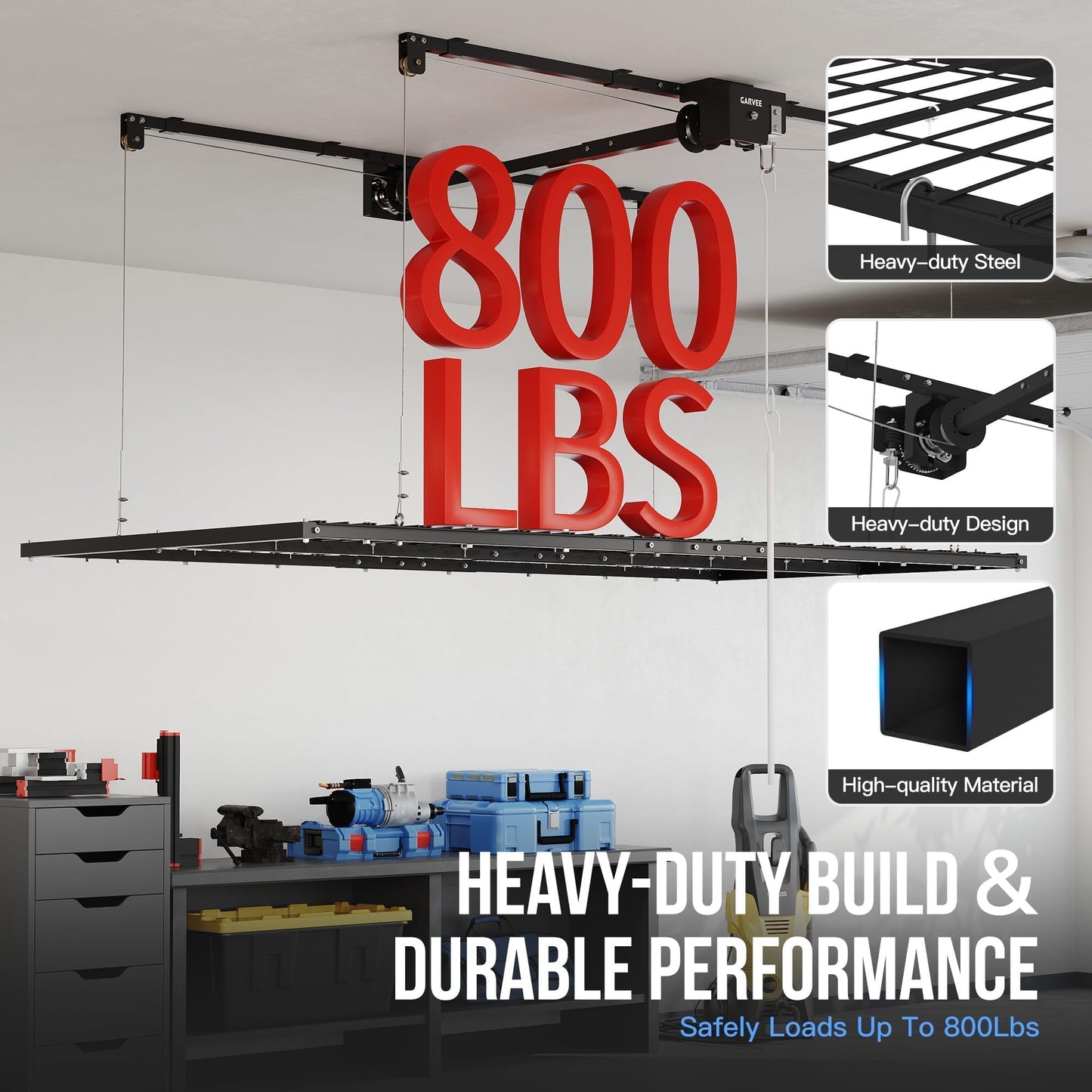 Garvee Overhead Garage Storage Rack Lift, 4x8 ft Ceiling Mounted Storage Racks, 12FT Max Adjustable Height, 800lbs Weight Capacity, Heavy-Duty Metal Ceiling Rack for Organization