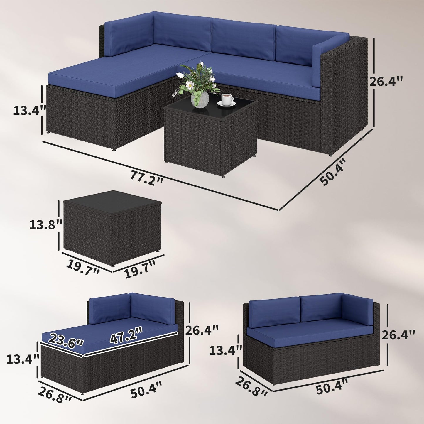 Outsunny 3 Piece Patio Furniture Set, Wicker Rattan Outdoor Patio Conversation Furniture Set with Cushions, Glass Top Coffee Table, Deep Seating for Garden, Backyard, Porch, Navy Blue