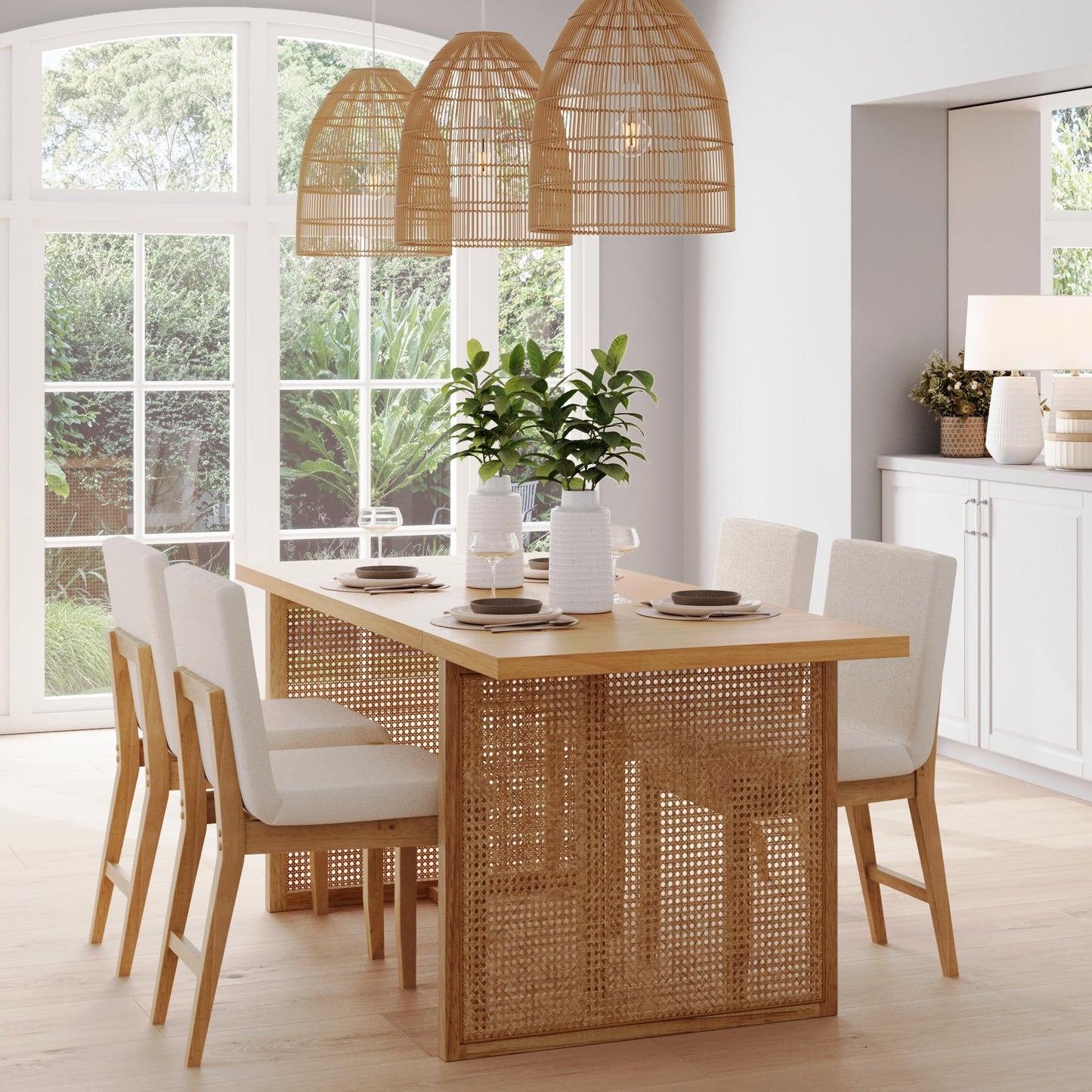 Nathan James Willow Boho Dining Table for 6 with Solid Wood Legs, 6-Person Natural Wood Dining Table, Warm Pine or Brown with Bohemian Rattan Accent