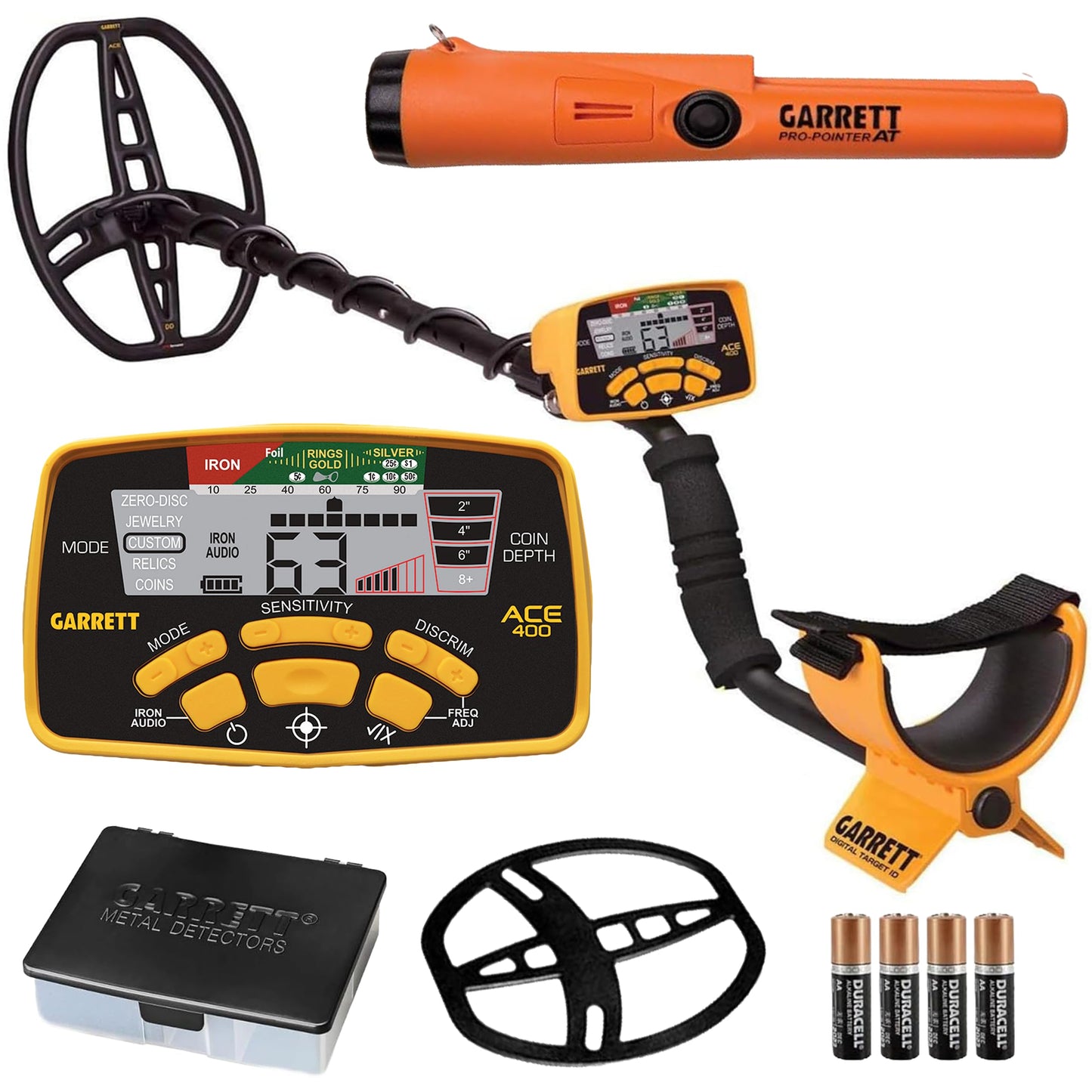 Garrett ACE 400 Metal Detector Bundle – Made in the USA - Digital Target ID, Iron Audio, Adjustable Frequency, Includes Pro-Pointer AT, Finders Box, & Searchcoil Cover
