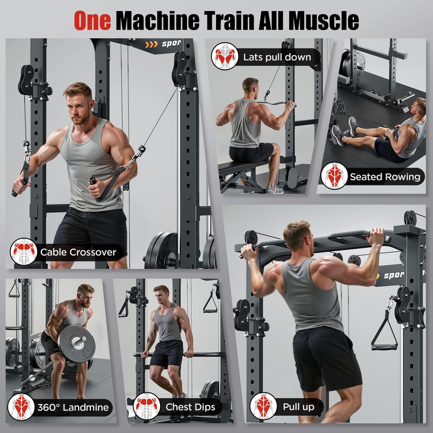 Sportsroyals Power Cage, Multi-Functional Squat Rack, Power Rack with Pulley System & LAT Pull Down, Workout Cage with J Hooks for Home Gym