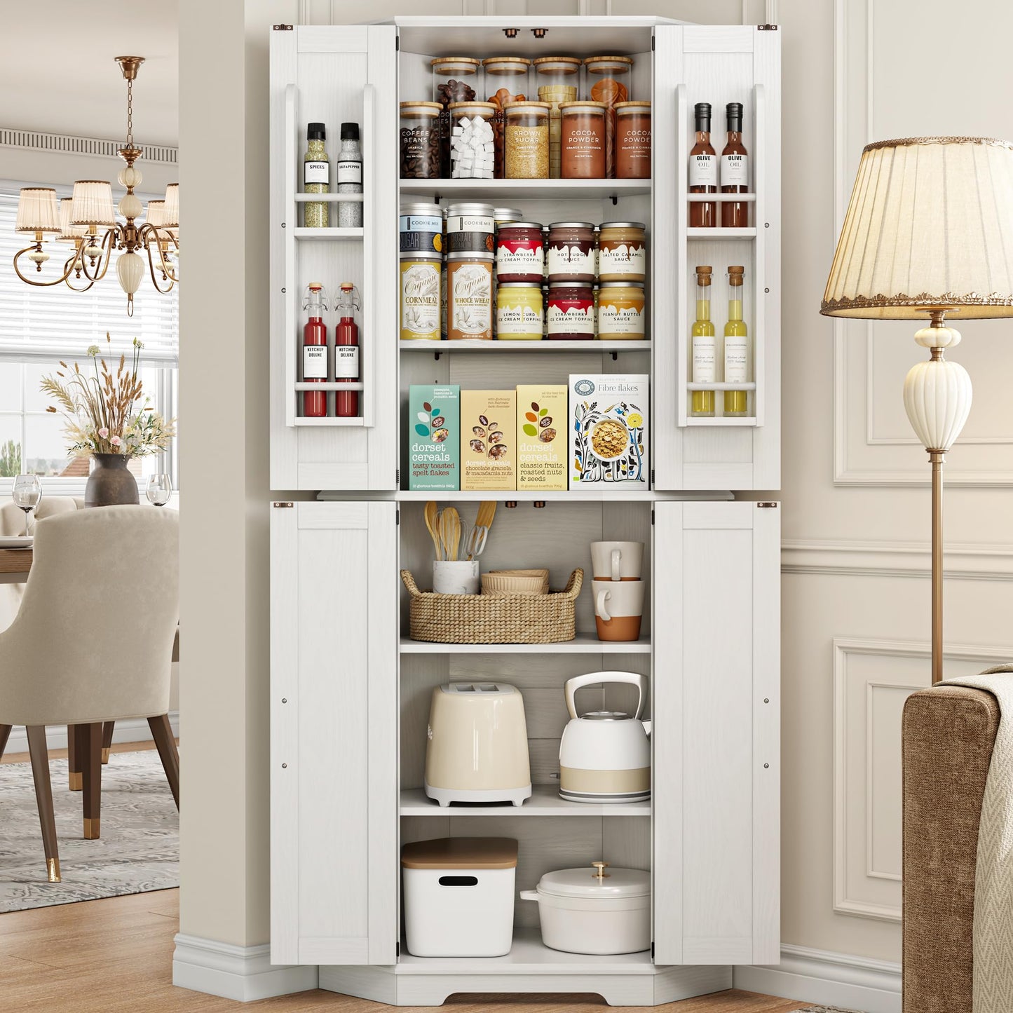 IRONCK Corner Cabinet, 72" Kitchen Pantry Cabinet, 6-Tier Freestanding Farmhouse Pantry with 2 Adjustable Shelves, 240°Swivel Doors, 2 Doors Storage, Spacious Hutch for Kitchen, Living Room, White