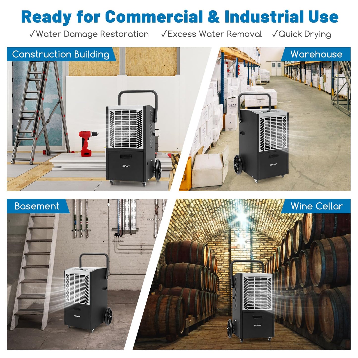 COSTWAY 163 Pints Commercial Dehumidifier, 4500 Sq.Ft Crawl Space Dehumidifier with Pump & Drain Hose, 24H Timer, for Basement, Warehouse, Job Site (White)