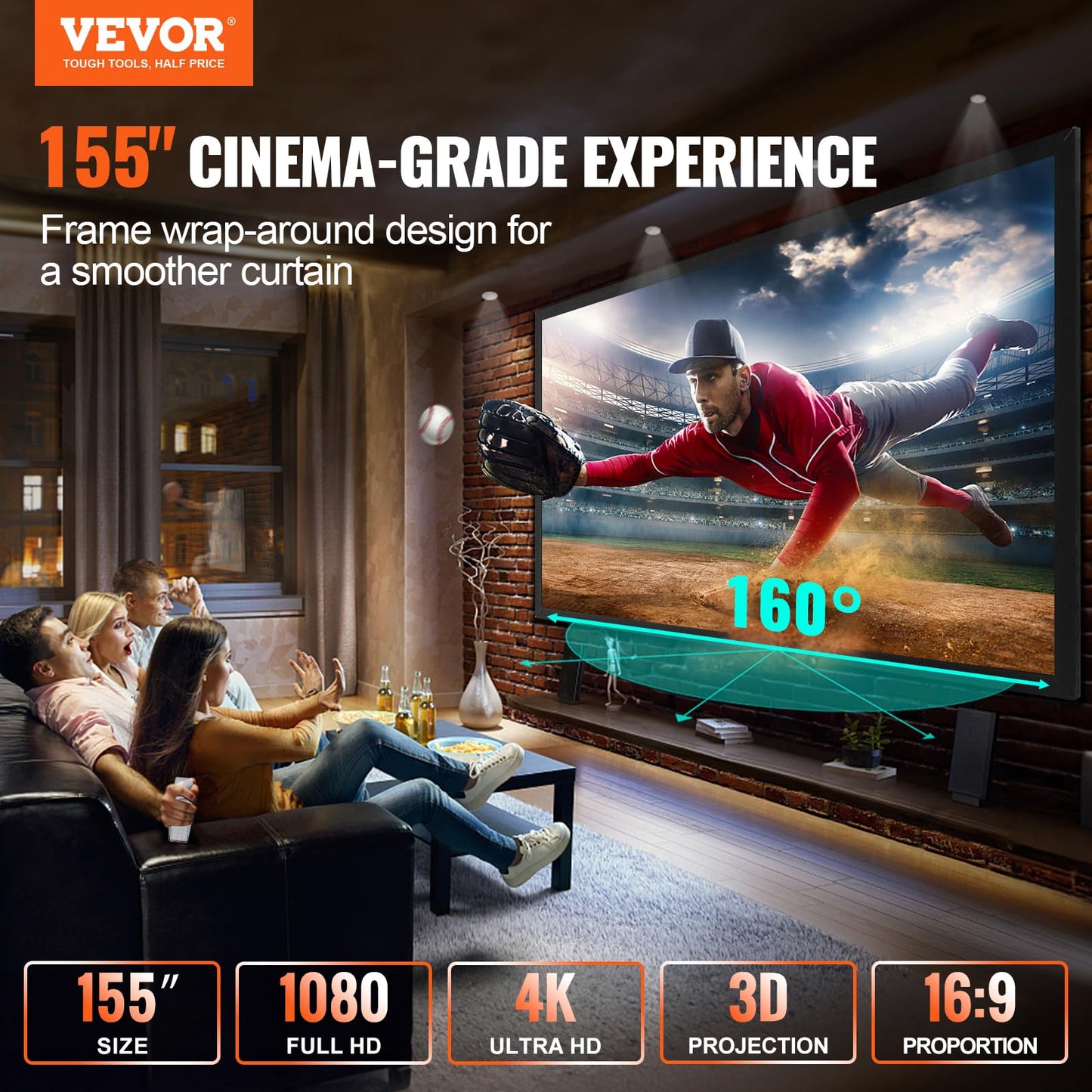VEVOR Projector Screen 155inch Outdoor Projector Screen 16:9 Movie Screen Fixed Frame 3D Projector Screen for 4K HDTV Movie Theater
