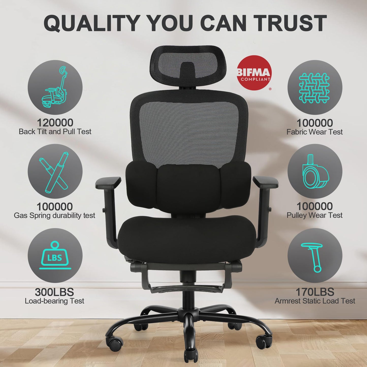 Ergonomic Office Chair with Footrest, Mesh Desk Chair with Adjustable Headrest & Armrests & Dynamic Floating Wing Lumbar Support, High Back Computer Chair for Home Office, BIFMA Certified, Black