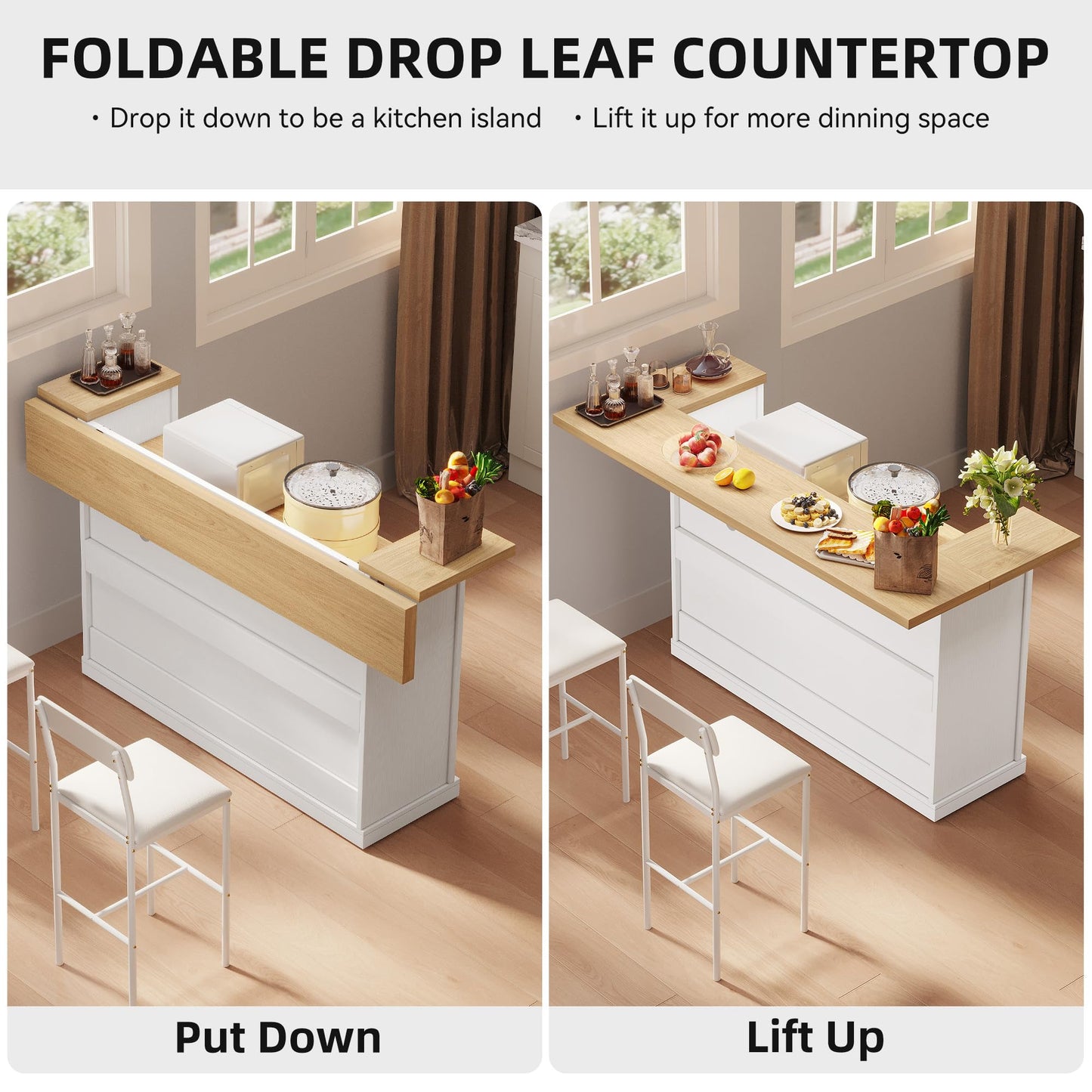 Homiflex Kitchen Island with Storage, Rolling Kitchen Islands with Storage, 55" W Large Island Table, Breakfast Bar Counter with Drop Leaf, Trash Can Cabinet, Power Outlet for Dining Room, White