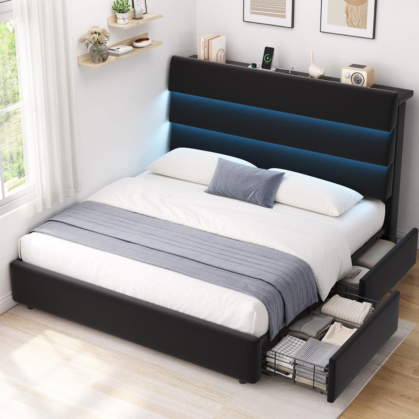 Jocoevol Full Size Bed Frame with 2 Storage Drawers and Headboard Shelf, Velvet Upholstered Platform Bed with LED Lights & Charging Station, Wooden Slats Support, No Box Spring Needed, Black