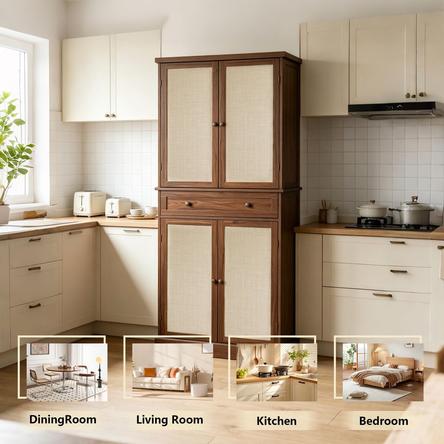 72.2" Walnut Rattan Kitchen Pantry Cabinet, Freestanding Farmhouse Storage Hutch with 4 Adjustable Shelves & 1 Drawer, 180° Metal Hinges Anti-Toppling Tall Wooden Cupboard for Kitchen Dining Room