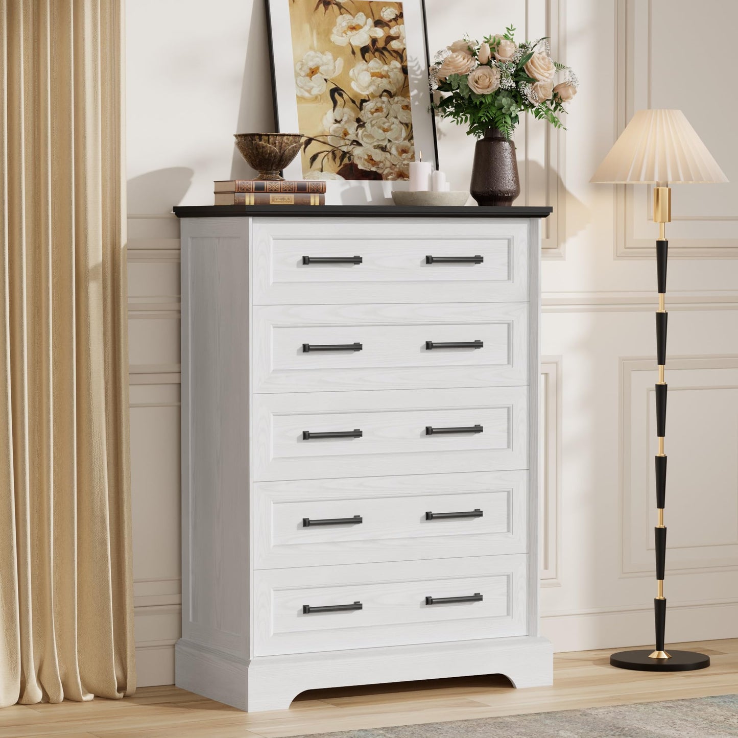Furmax Farmhouse Dresser for Bedroom, 5 Drawers Dresser, Wood Chest of Drawers, 31.5" Wide Storage Dressers Organizer for Bedroom, Living Room (White and Black)