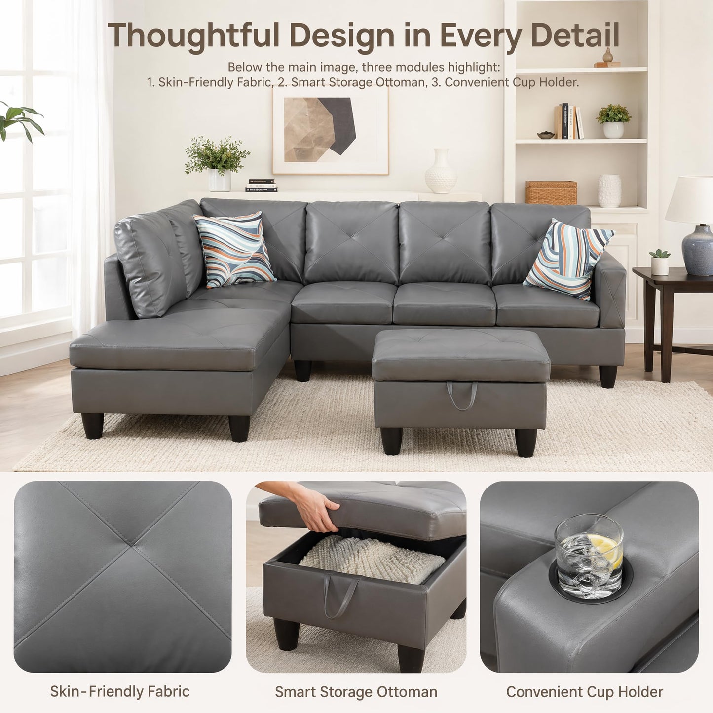 Trygoal 97" Leather L Shaped Couch with Left Chaise & Cup Holder, Sectional Sofas Modular Furniture Set with Storage Ottoman, Convertible Couches for Living Room, Small Space & Office (Grey)