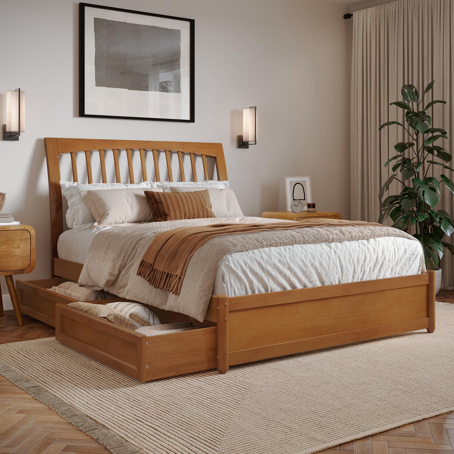 AFI, Roslyn Full Platform Bed with Panel Footboard and Storage Drawers, Light Toffee
