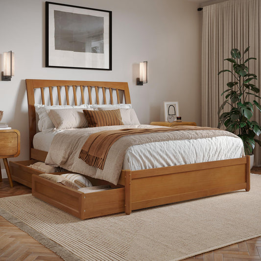 AFI, Roslyn Full Platform Bed with Panel Footboard and Storage Drawers, Light Toffee