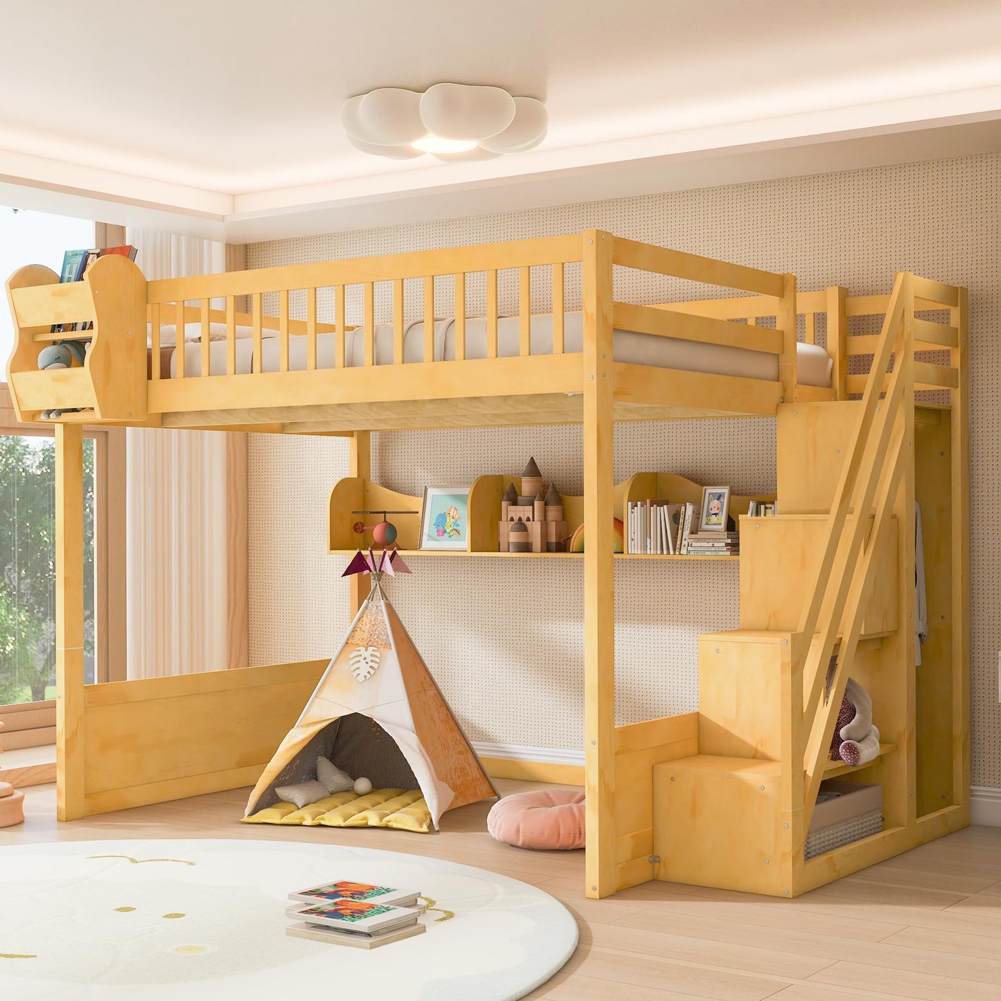 Merax Queen Size Wood Loft Bed Frame with Staircase,Storage Shelves & Wardrobe for Teens, Modern Loft Bed with Solid Slats, Guardrail, No Box Spring Required, Easy Assembly, for Bedroom, Natural