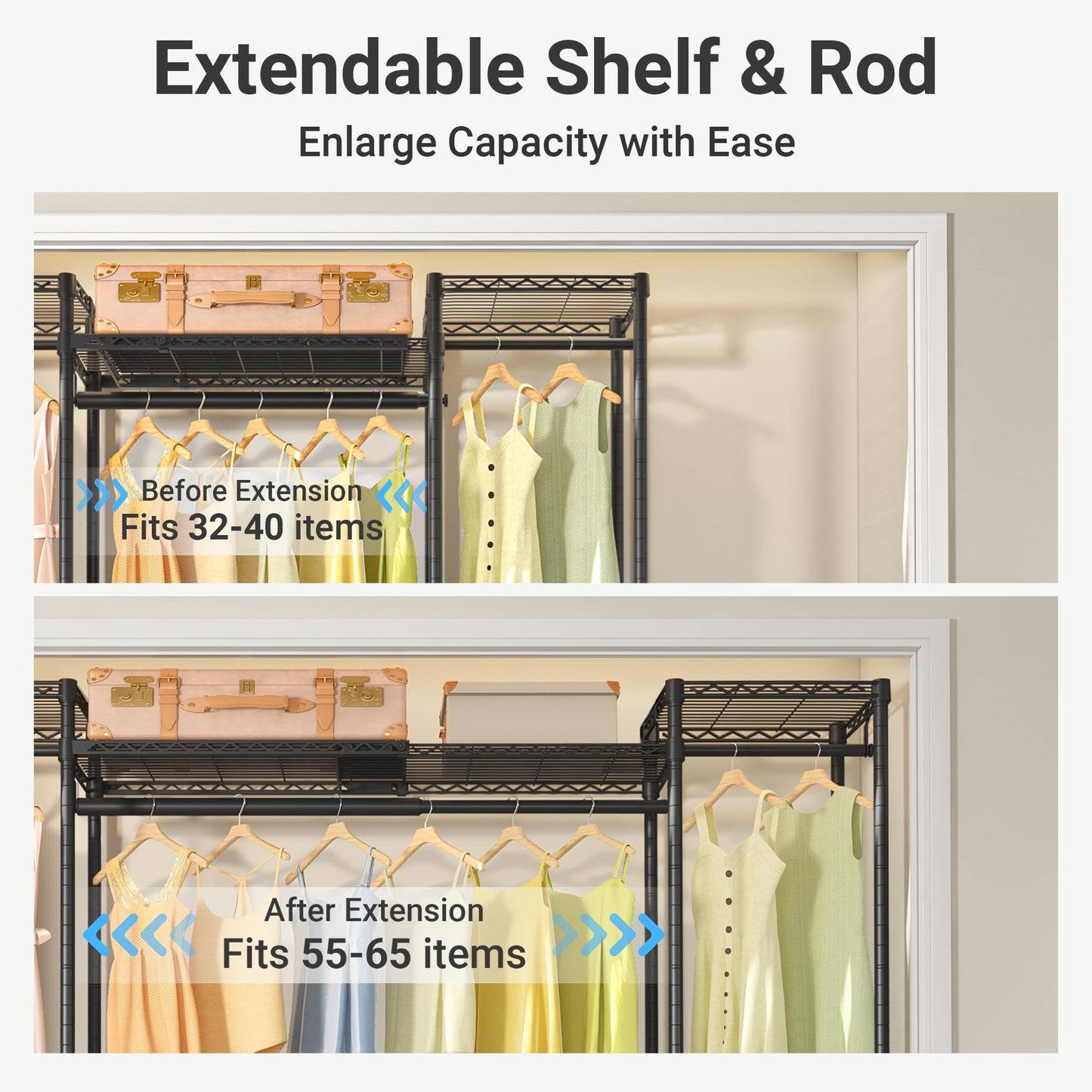 VIPEK X30 Expandable Clothes Rack Adjustable from 5' to 6'11", 950lbs Capacity Heavy Duty Portable Closet Wardrobe with 4 Hanger Rods & 7 Wire Shelves, Metal Closet System for Reach-in Closet, Black